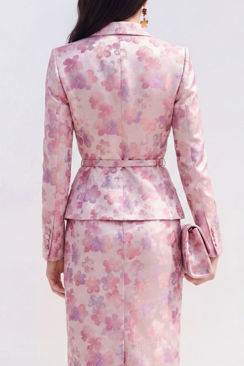 Laden Sie das Bild in den Galerie-Viewer, Rosa Fuchsia-Blumensatin 2-teiliges Midi-Kleid mit Peak-Revers und Schlitz