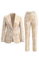 Laden Sie das Bild in den Galerie-Viewer, Goldene Zweiteilige Jacquard Peak Revers Einknopf Slim Fit Damenanzüge