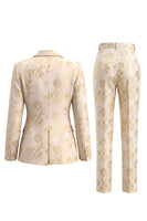 Laden Sie das Bild in den Galerie-Viewer, Goldene Zweiteilige Jacquard Peak Revers Einknopf Slim Fit Damenanzüge