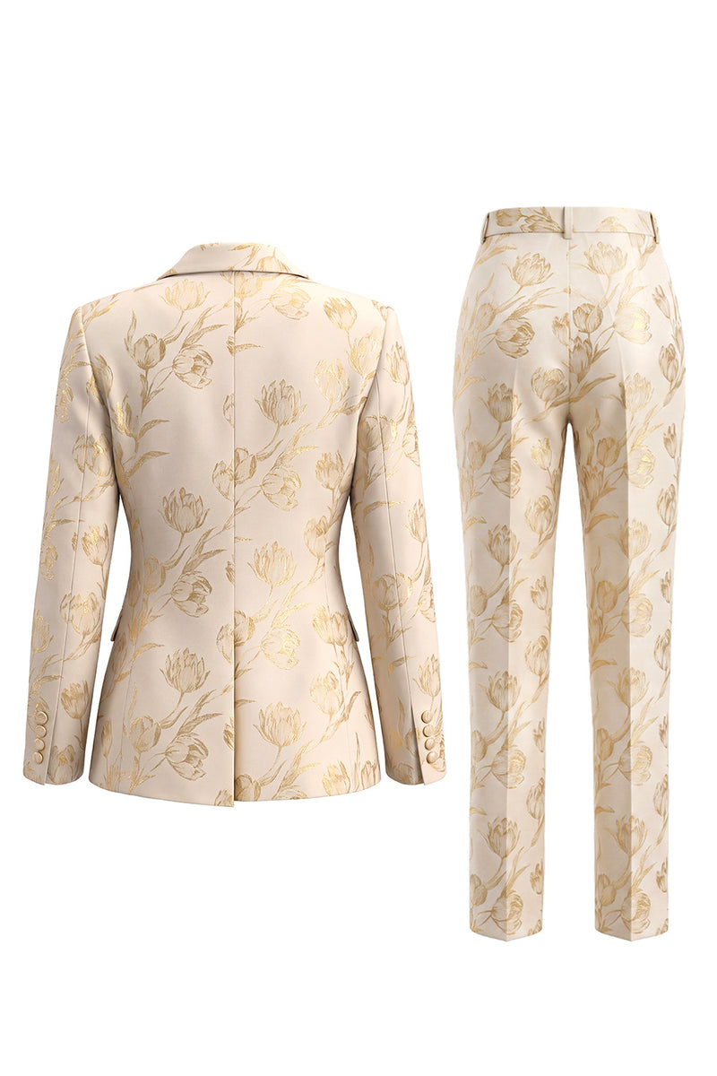 Laden Sie das Bild in den Galerie-Viewer, Goldene Zweiteilige Jacquard Peak Revers Einknopf Slim Fit Damenanzüge