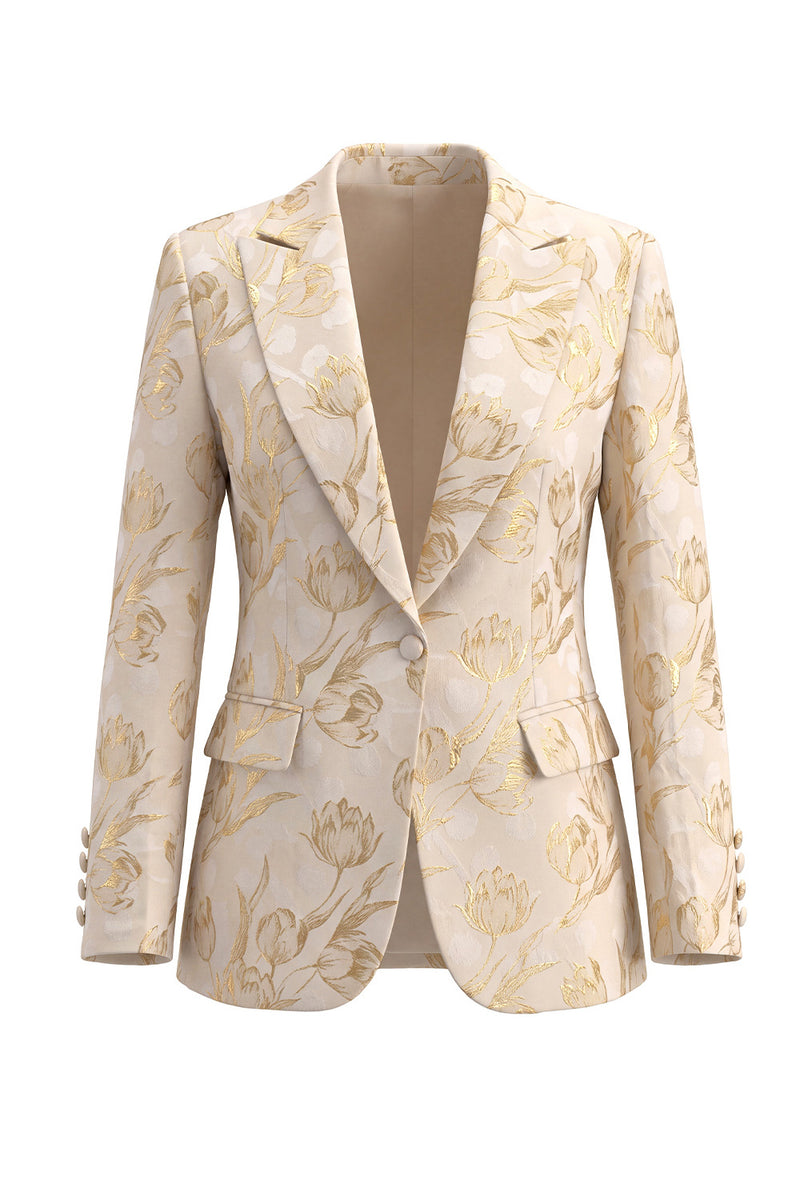 Laden Sie das Bild in den Galerie-Viewer, Goldene Zweiteilige Jacquard Peak Revers Einknopf Slim Fit Damenanzüge