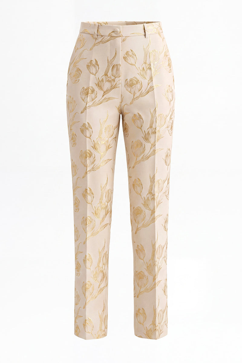 Laden Sie das Bild in den Galerie-Viewer, Goldene Zweiteilige Jacquard Peak Revers Einknopf Slim Fit Damenanzüge