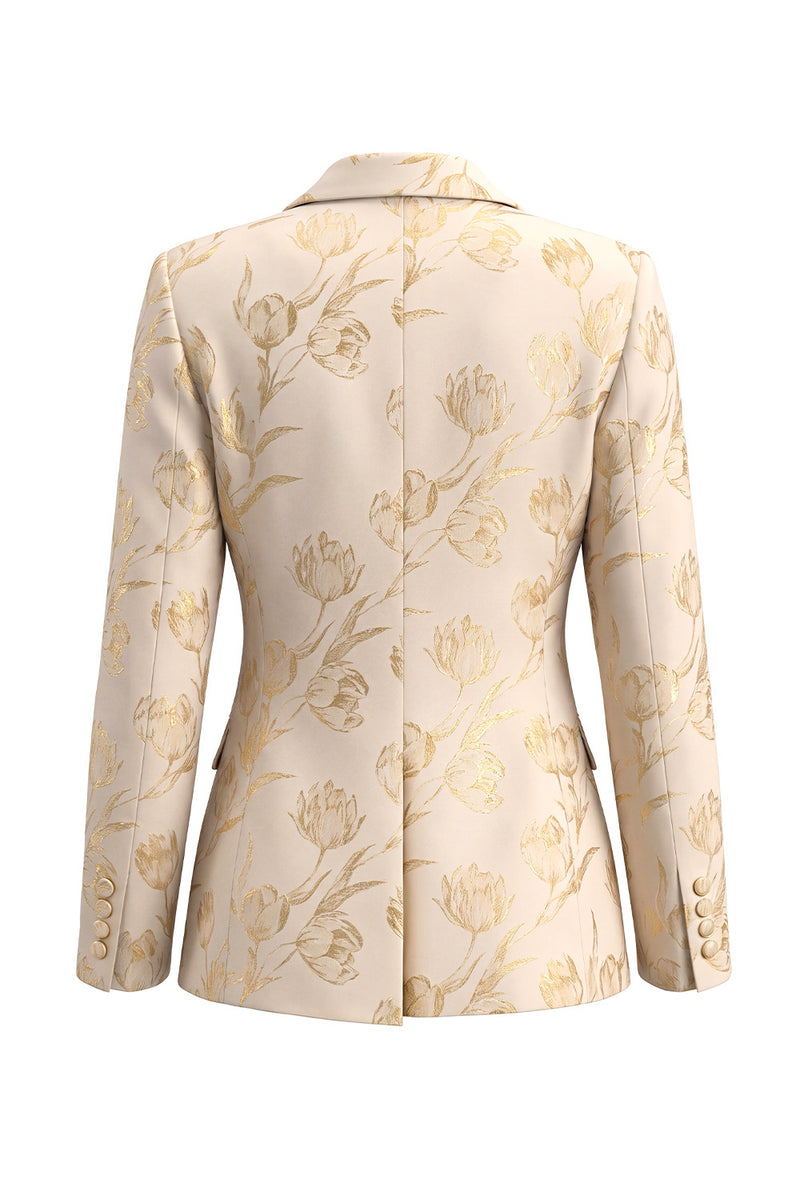Laden Sie das Bild in den Galerie-Viewer, Goldene Zweiteilige Jacquard Peak Revers Einknopf Slim Fit Damenanzüge