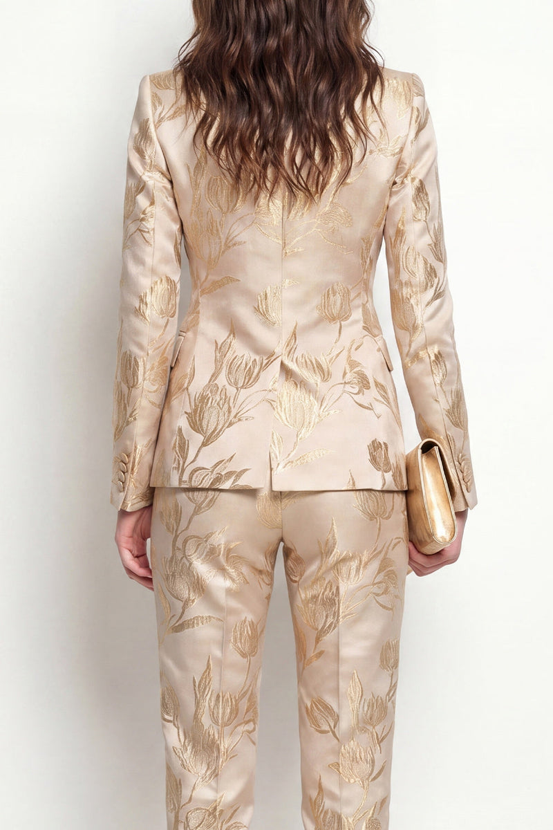 Laden Sie das Bild in den Galerie-Viewer, Goldene zweiteilige Jacquard Peak Revers Einknopf-Slim Fit Damenanzüge