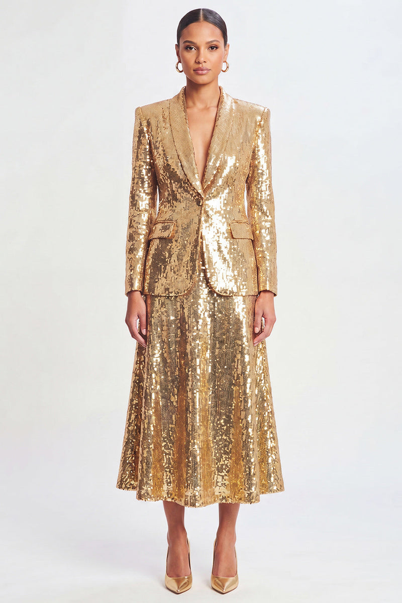 Laden Sie das Bild in den Galerie-Viewer, Glitzernde goldene Schal-Revers zweiteilige Damenrockanzüge mit Pailletten