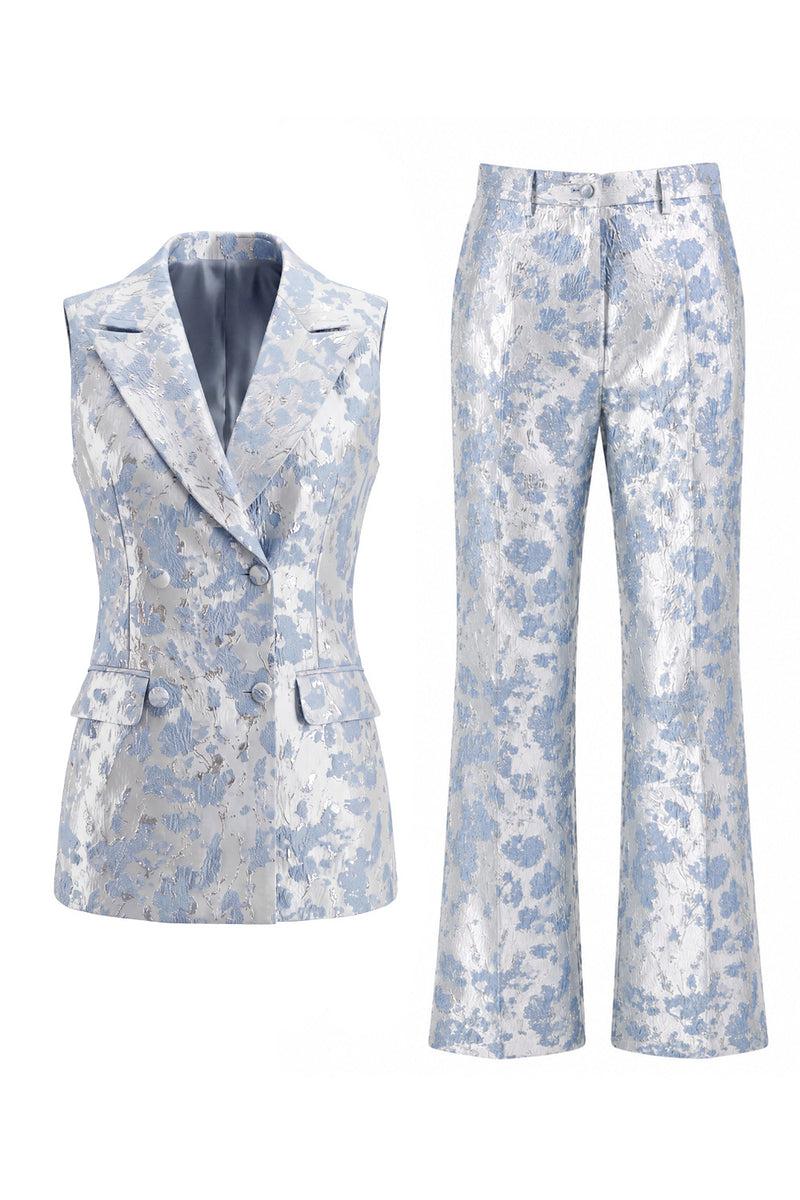Laden Sie das Bild in den Galerie-Viewer, 2-teilige Dusty Blue Blumen Doppelreihige Revers Damenanzüge