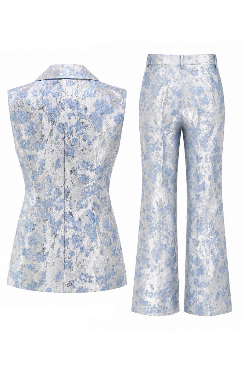 Laden Sie das Bild in den Galerie-Viewer, 2-teilige Dusty Blue Blumen Doppelreihige Revers Damenanzüge