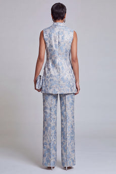 2-teilige Dusty Blue Blumen Doppelreihige Revers Damenanzüge