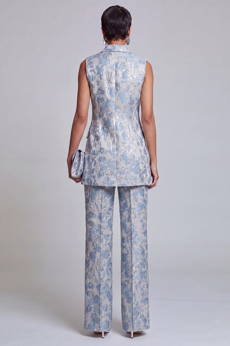 Laden Sie das Bild in den Galerie-Viewer, 2-teilige Dusty Blue Blumen Doppelreihige Revers Damenanzüge