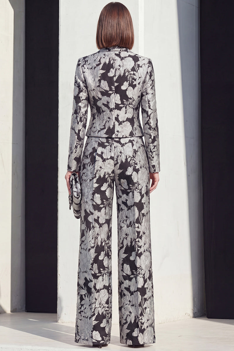 Laden Sie das Bild in den Galerie-Viewer, Peak Revers 2-teilige schwarze silberne Blumenanzüge für Frauen mit Taschen