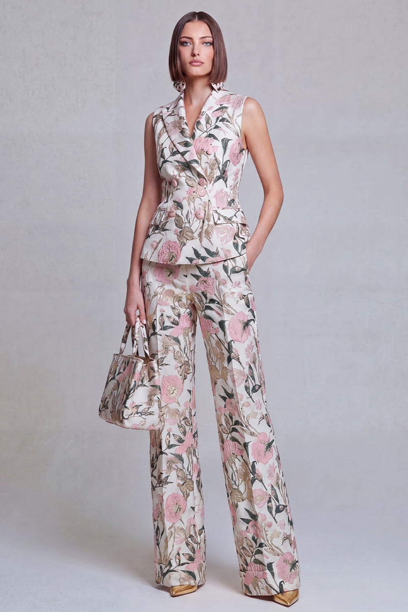 Laden Sie das Bild in den Galerie-Viewer, Graublaue Jacquard-Blumen-Zweiteiler Damenanzüge mit Spitzrevers