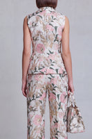 Laden Sie das Bild in den Galerie-Viewer, Graublaue Jacquard-Blumen-Zweiteiler Damenanzüge mit Spitzrevers