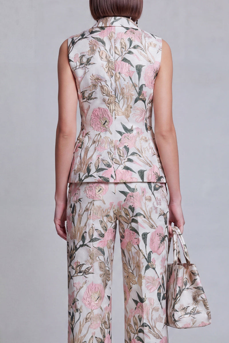 Laden Sie das Bild in den Galerie-Viewer, Graublaue Jacquard-Blumen-Zweiteiler Damenanzüge mit Spitzrevers
