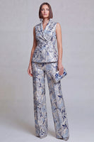 Laden Sie das Bild in den Galerie-Viewer, Graublaue Jacquard-Blumen-Zweiteiler Damenanzüge mit Spitzrevers