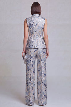 Graublaue Jacquard Blumen Zweiteiler Damenanzüge mit Spitzrevers