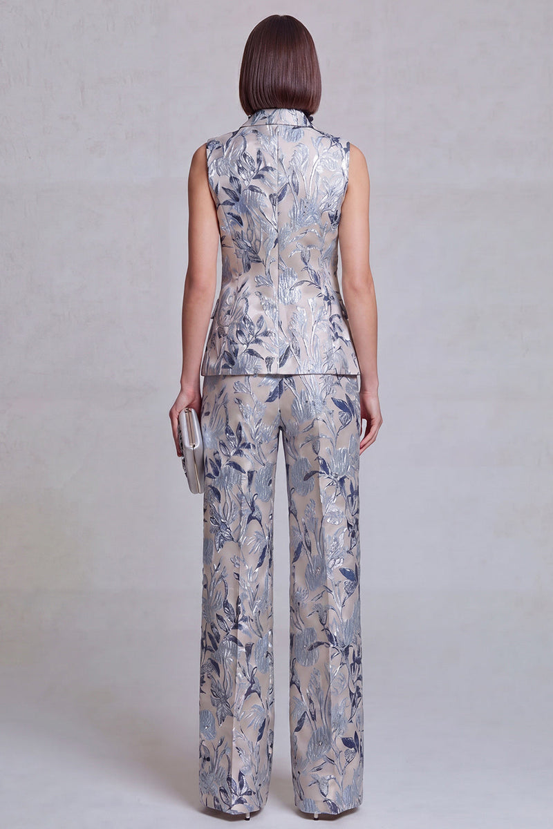 Laden Sie das Bild in den Galerie-Viewer, Graublaue Jacquard-Blumen-Zweiteiler Damenanzüge mit Spitzrevers