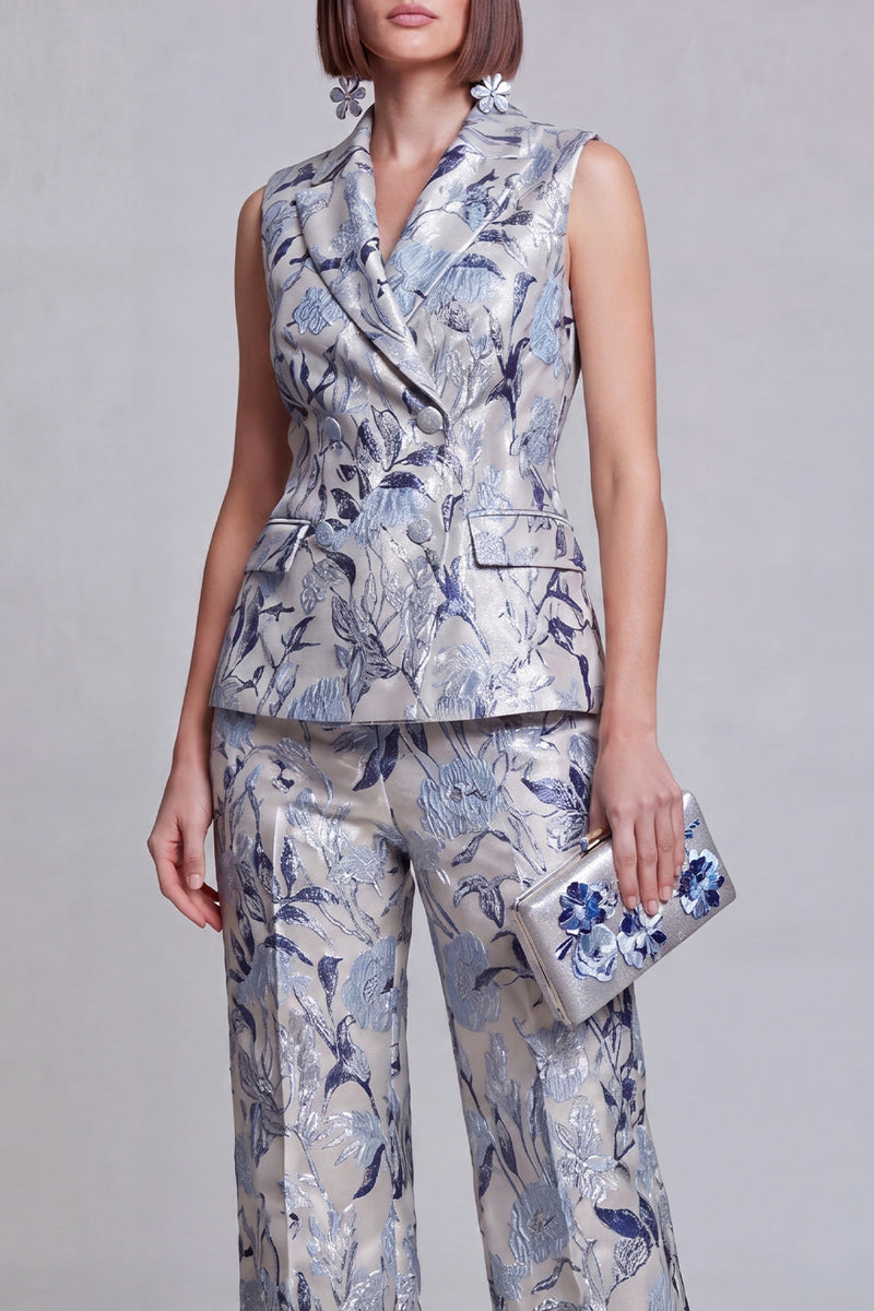 Laden Sie das Bild in den Galerie-Viewer, Graublaue Jacquard-Blumen-Zweiteiler Damenanzüge mit Spitzrevers