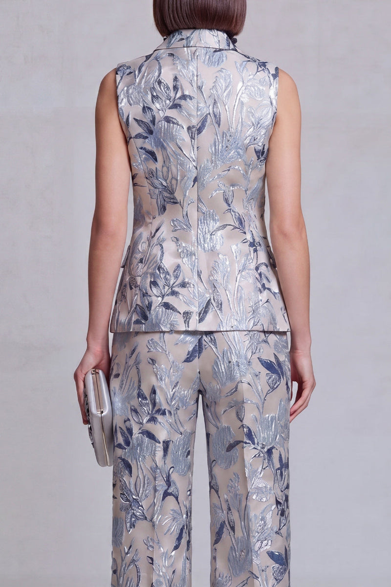 Laden Sie das Bild in den Galerie-Viewer, Graublaue Jacquard-Blumen-Zweiteiler Damenanzüge mit Spitzrevers