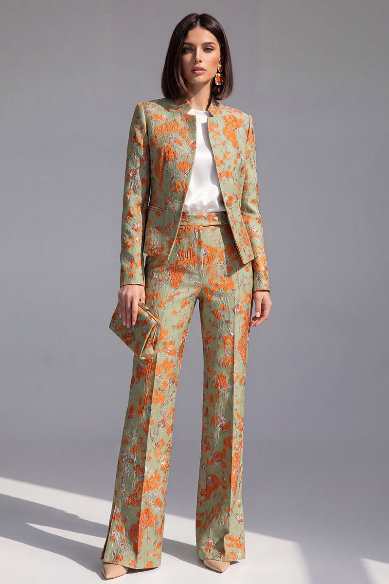 Laden Sie das Bild in den Galerie-Viewer, Staubgrüne offene 2-teilige Slim Fit Blumenanzüge für Frauen