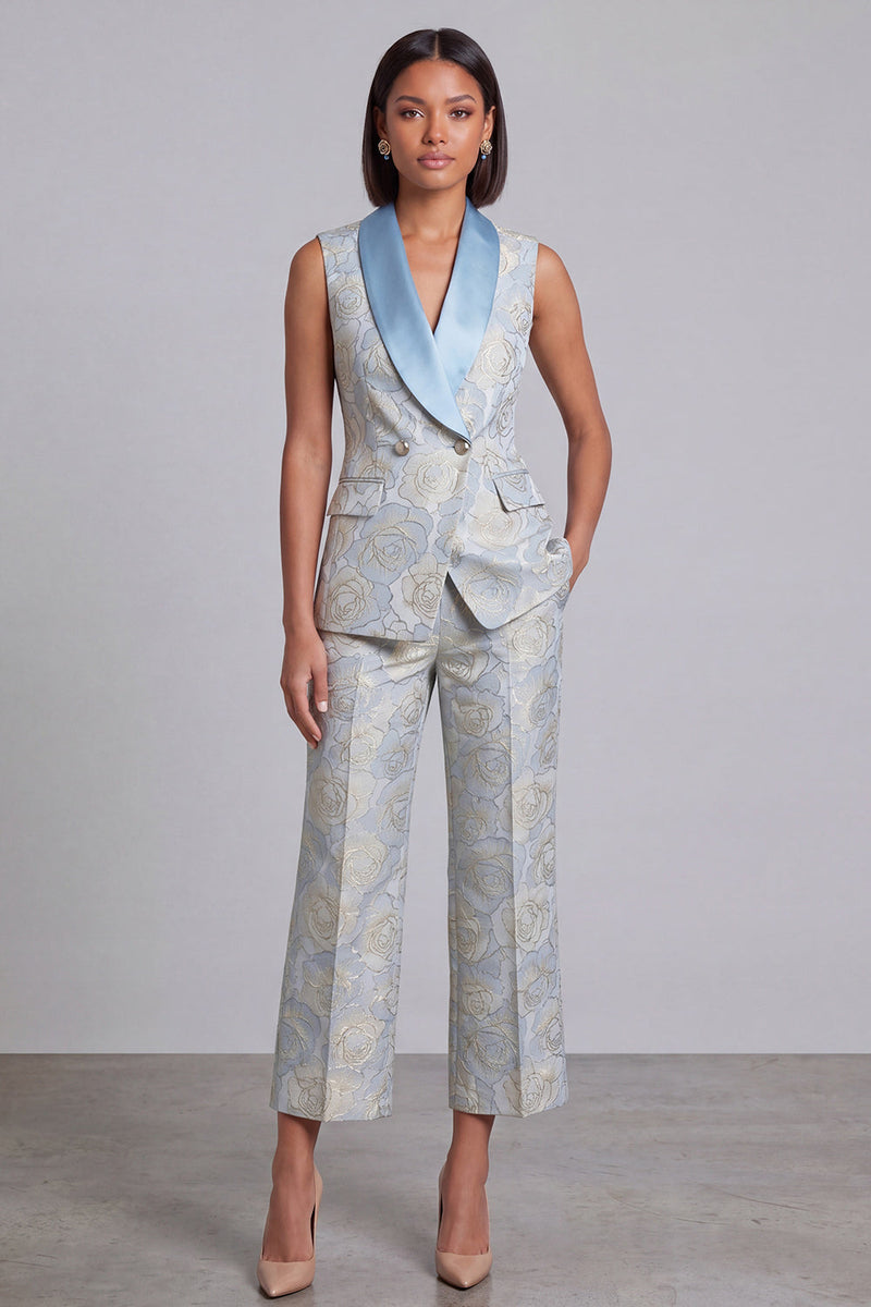 Laden Sie das Bild in den Galerie-Viewer, Blaue zweiteilige Schal-Revers-Blumenanzüge mit doppelt reihigen Damen und Taschen