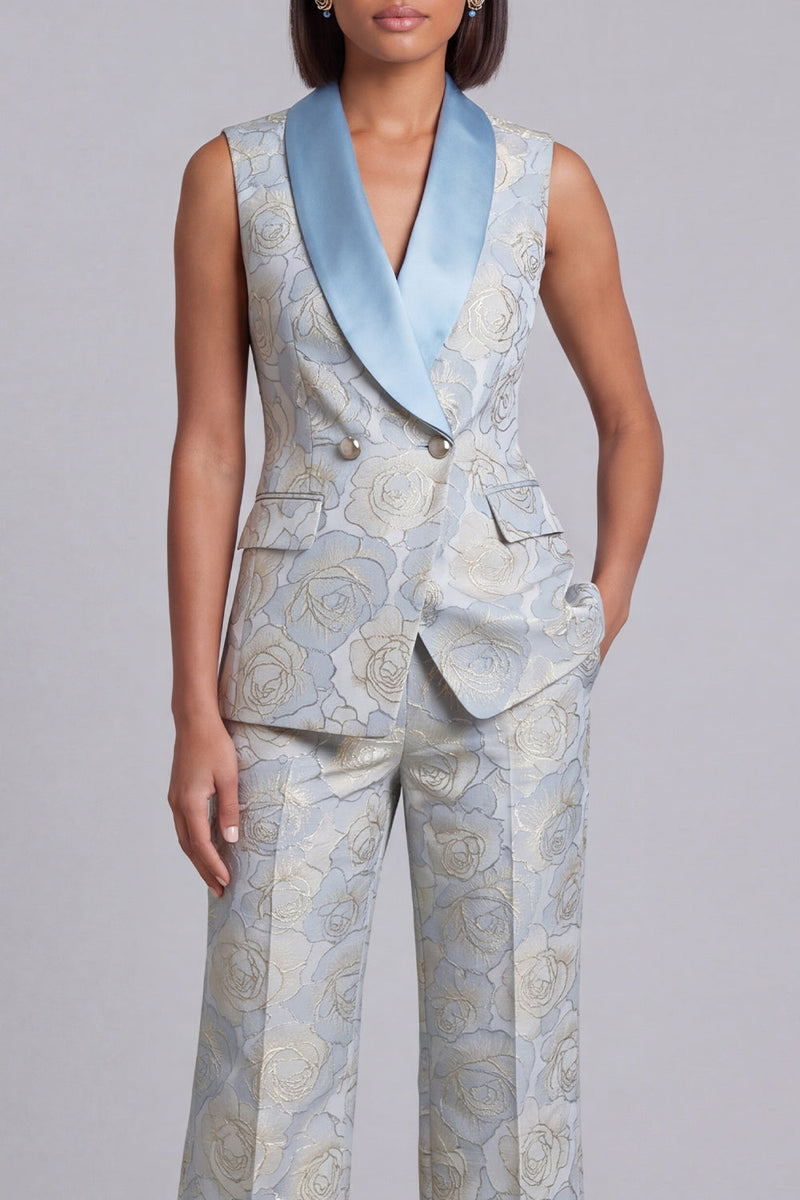 Laden Sie das Bild in den Galerie-Viewer, Blaue zweiteilige Schal-Revers-Blumenanzüge mit doppelt reihigen Damen und Taschen