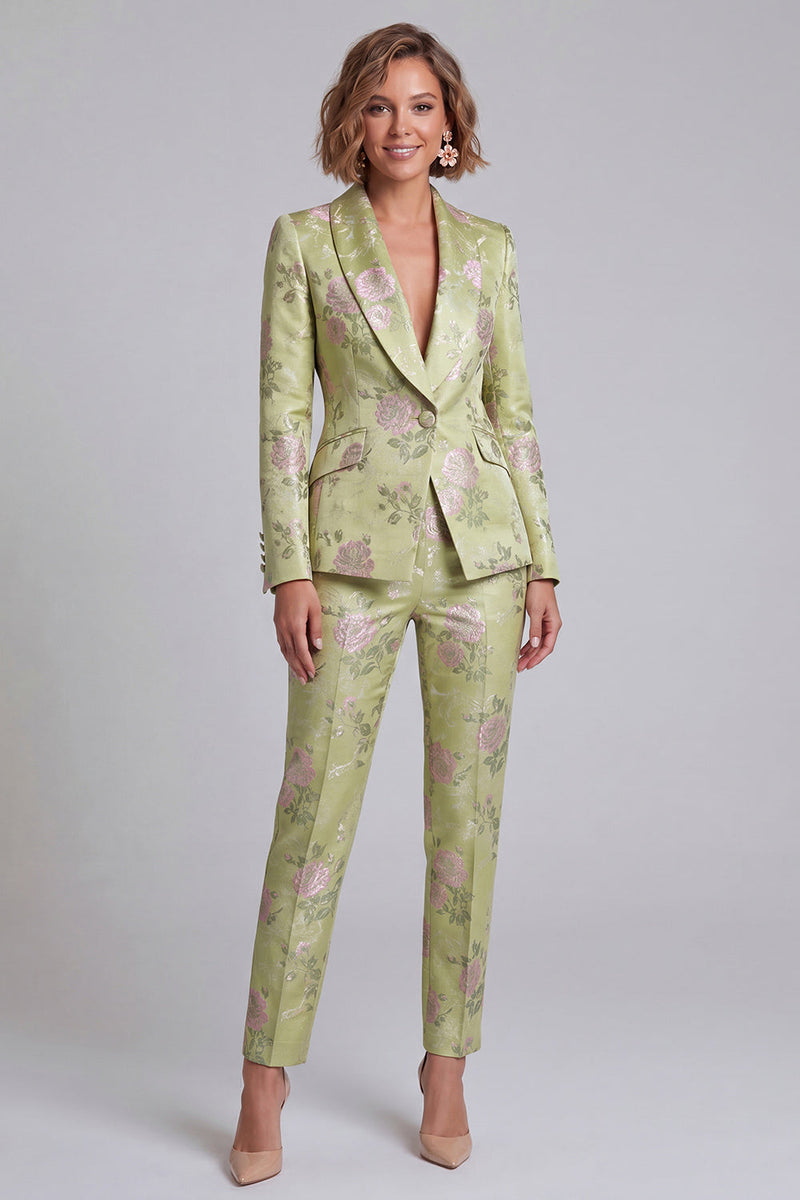 Laden Sie das Bild in den Galerie-Viewer, 2-teilige Salbeigrüne Schal mit Revers Blumenanzüge für Damen