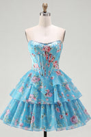 Laden Sie das Bild in den Galerie-Viewer, A-Line gelbes, trägerloses Korsett, Blumen-Stufen-Homecoming-Kleid