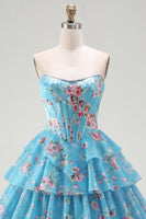 Laden Sie das Bild in den Galerie-Viewer, A-Line gelbes, trägerloses Korsett, Blumen-Stufen-Homecoming-Kleid
