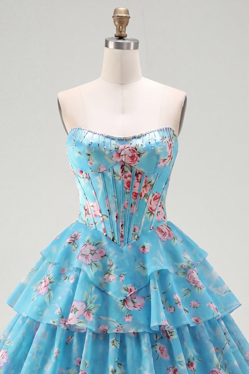 Laden Sie das Bild in den Galerie-Viewer, A-Line gelbes, trägerloses Korsett, Blumen-Stufen-Homecoming-Kleid