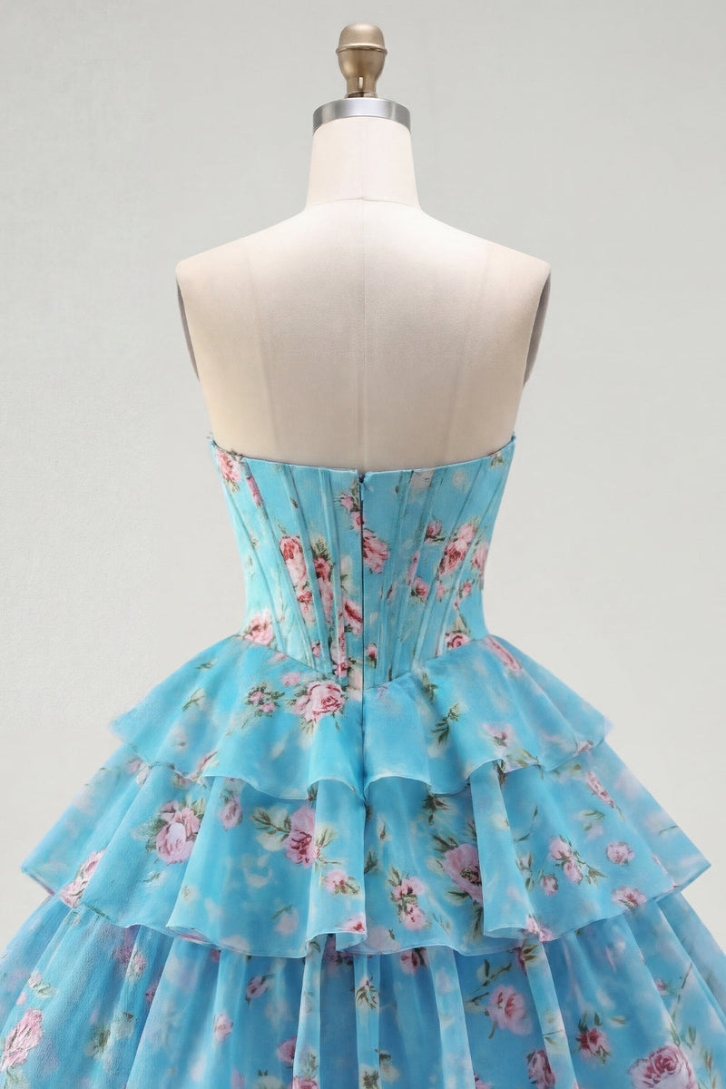 Laden Sie das Bild in den Galerie-Viewer, A-Line gelbes, trägerloses Korsett, Blumen-Stufen-Homecoming-Kleid