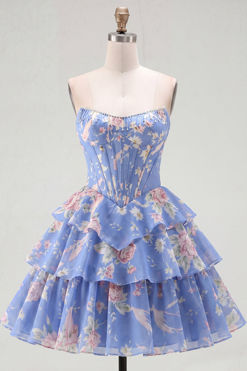 Laden Sie das Bild in den Galerie-Viewer, A-Line gelbes, trägerloses Korsett, Blumen-Stufen-Homecoming-Kleid