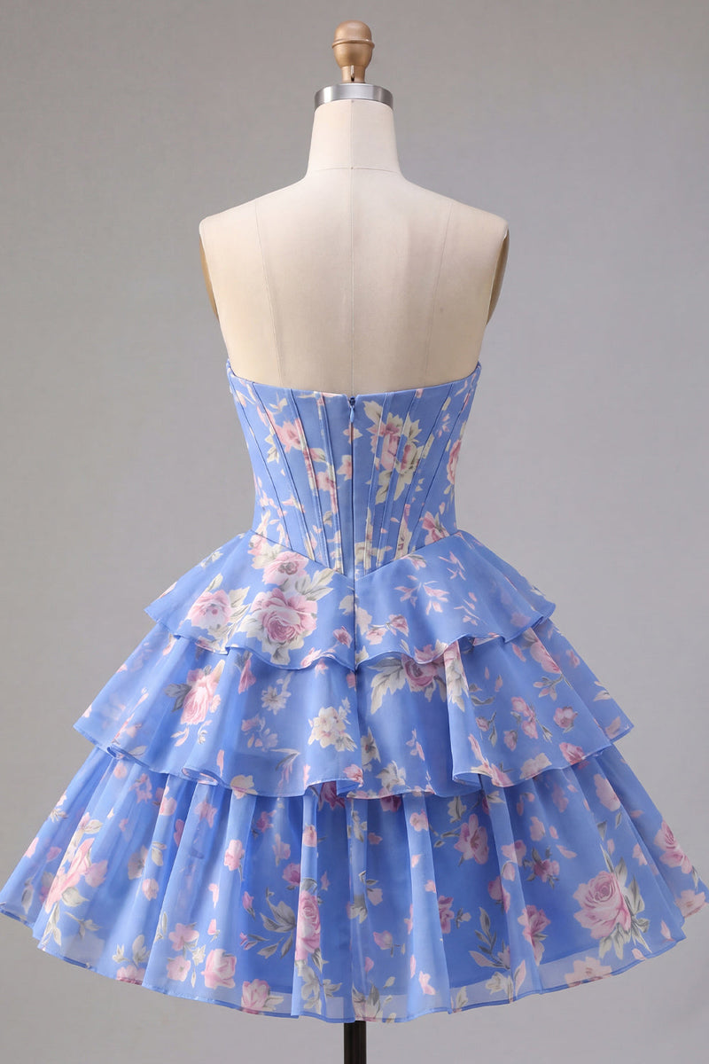 Laden Sie das Bild in den Galerie-Viewer, A-Line gelbes, trägerloses Korsett, Blumen-Stufen-Homecoming-Kleid