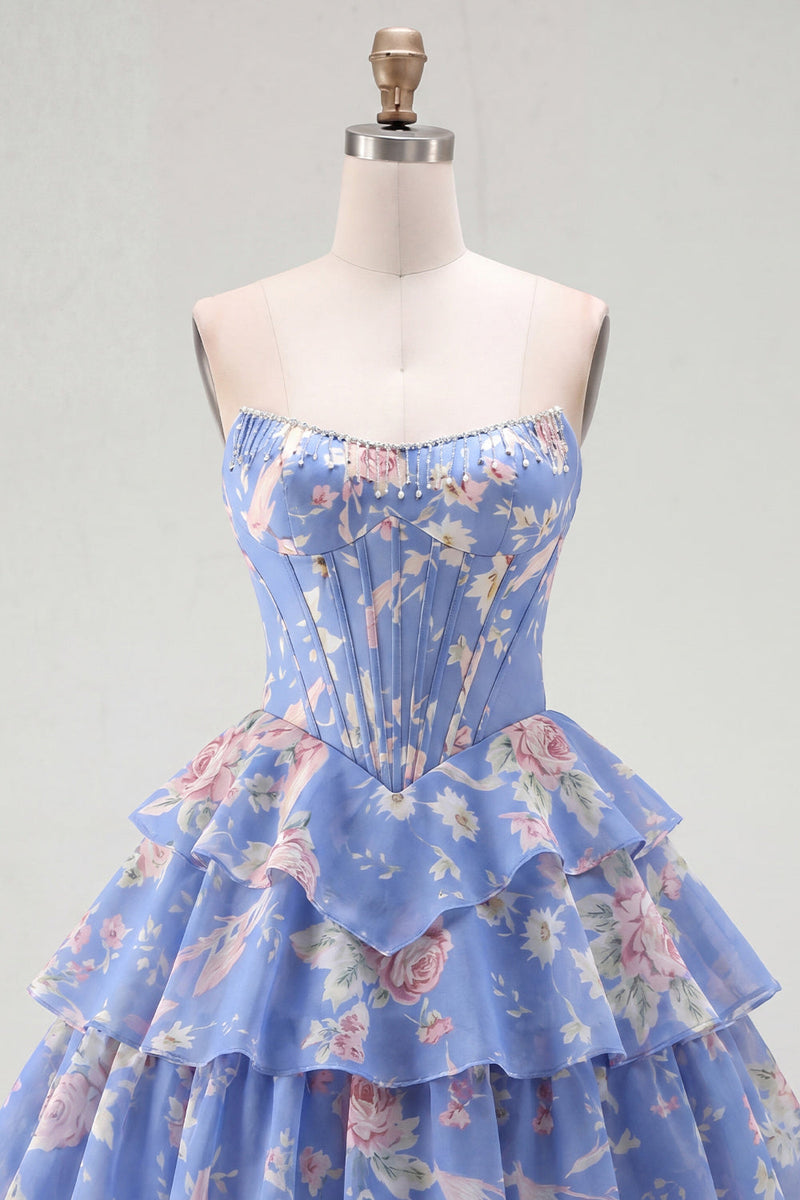 Laden Sie das Bild in den Galerie-Viewer, A-Line gelbes, trägerloses Korsett, Blumen-Stufen-Homecoming-Kleid