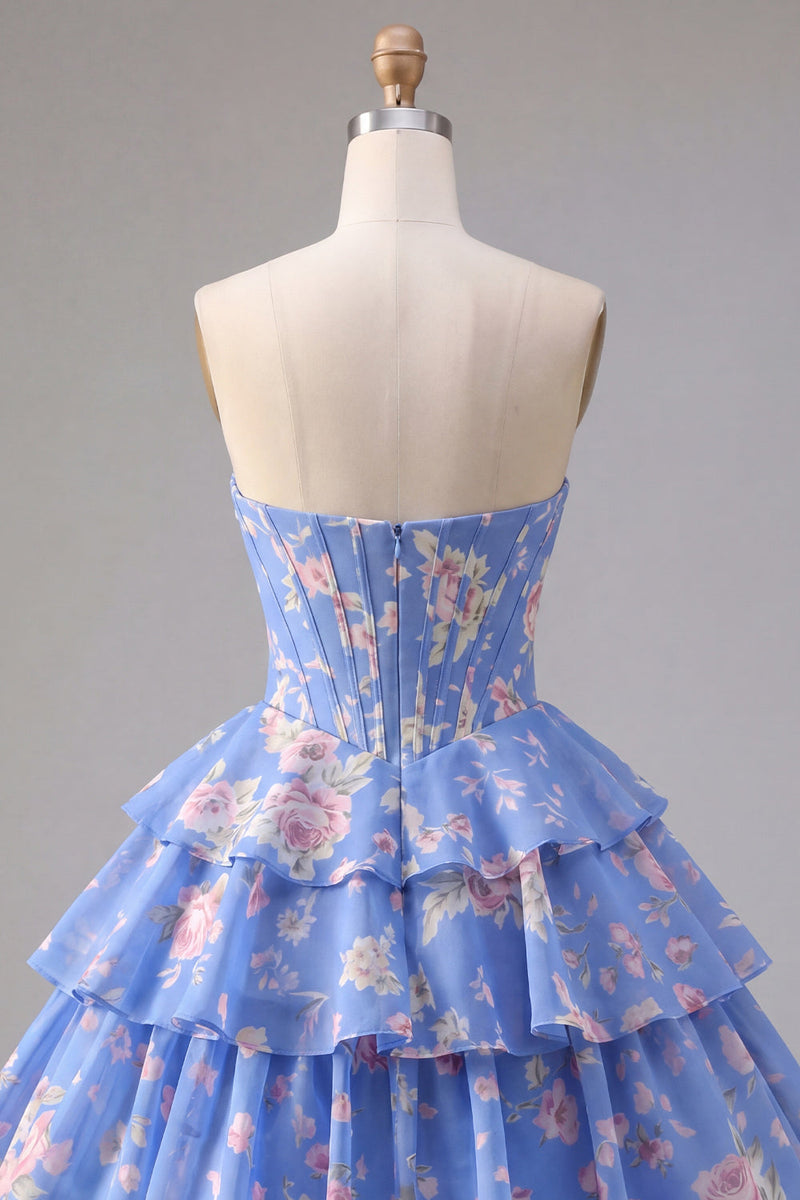 Laden Sie das Bild in den Galerie-Viewer, A-Line gelbes, trägerloses Korsett, Blumen-Stufen-Homecoming-Kleid