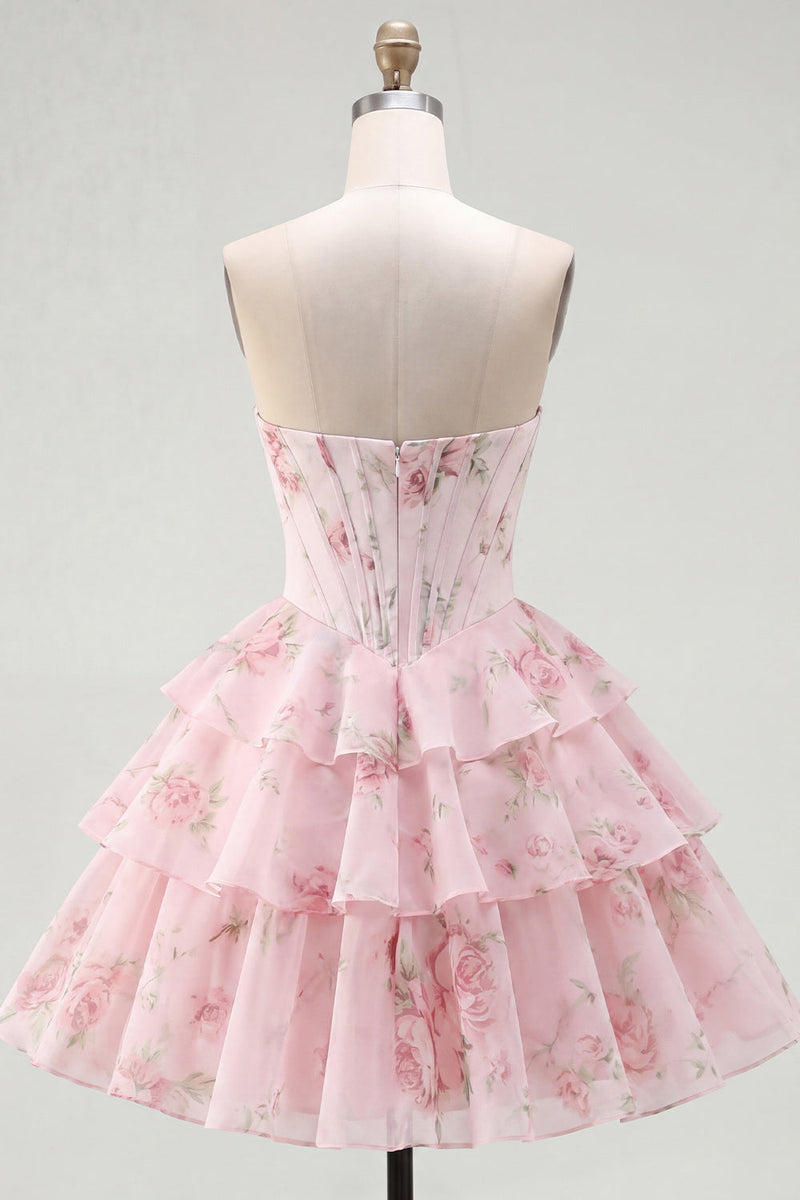 Laden Sie das Bild in den Galerie-Viewer, A-Line gelbes, trägerloses Korsett, Blumen-Stufen-Homecoming-Kleid