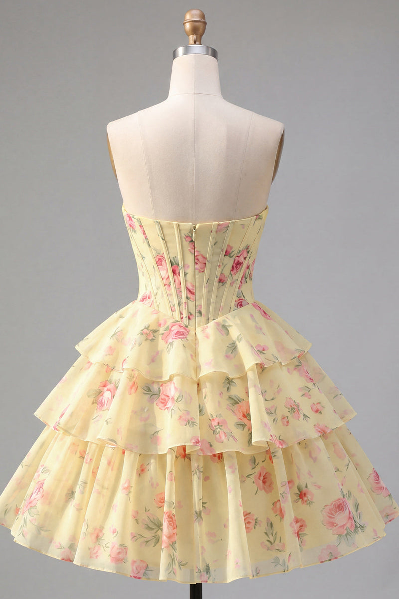 Laden Sie das Bild in den Galerie-Viewer, A-Line gelbes, trägerloses Korsett, Blumen-Stufen-Homecoming-Kleid