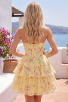 Laden Sie das Bild in den Galerie-Viewer, A-Line gelbes, trägerloses Korsett, Blumen-Stufen-Homecoming-Kleid