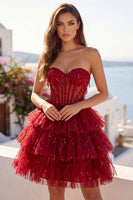 Laden Sie das Bild in den Galerie-Viewer, A-Line Burgundergrünes Sweetheart-Korsett mit gestuften Pailletten Homecoming-Kleid