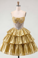 Laden Sie das Bild in den Galerie-Viewer, Goldenes A-Line-Trägerloses, transparentes Korsett-Homecoming-Kleid mit Perlen