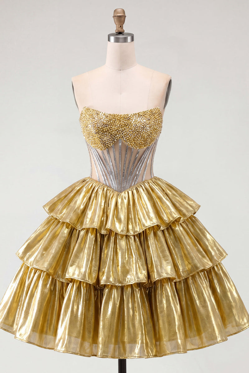 Laden Sie das Bild in den Galerie-Viewer, Goldenes A-Line-Trägerloses, transparentes Korsett-Homecoming-Kleid mit Perlen