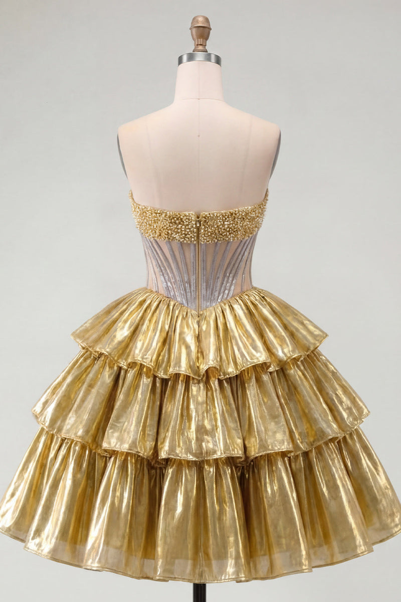 Laden Sie das Bild in den Galerie-Viewer, Goldenes A-Line-Trägerloses, transparentes Korsett-Homecoming-Kleid mit Perlen
