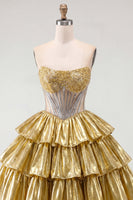 Laden Sie das Bild in den Galerie-Viewer, Goldenes A-Line-Trägerloses, transparentes Korsett-Homecoming-Kleid mit Perlen