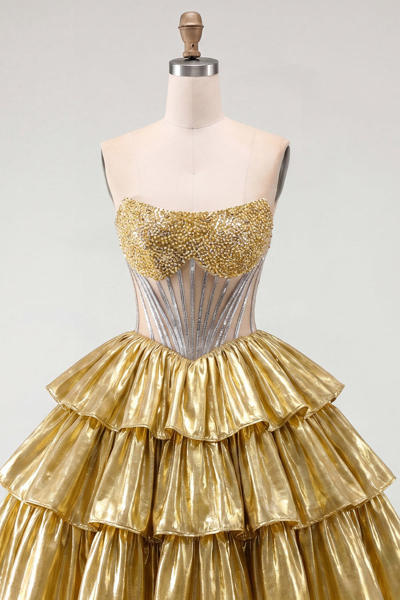 Laden Sie das Bild in den Galerie-Viewer, Goldenes A-Line-Trägerloses, transparentes Korsett-Homecoming-Kleid mit Perlen