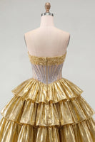Laden Sie das Bild in den Galerie-Viewer, Goldenes A-Line-Trägerloses, transparentes Korsett-Homecoming-Kleid mit Perlen