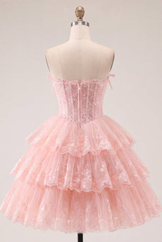 Tüll A-Linie Blush Trägerloses Florales Korsett Stufen Kurzes Abendkleid