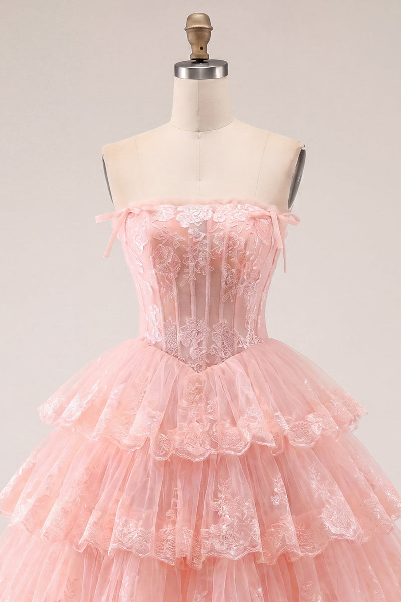 Laden Sie das Bild in den Galerie-Viewer, Tüll-A-Line rougeloses, trägerloses, florales Korsett mit Stufen Homecoming Kleid