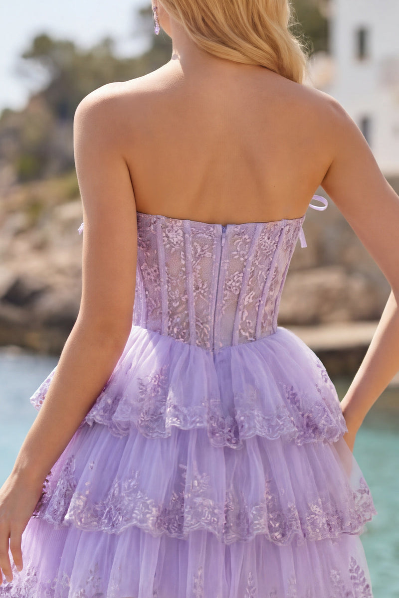 Laden Sie das Bild in den Galerie-Viewer, Tüll-A-Line rougeloses, trägerloses, florales Korsett mit Stufen Homecoming Kleid