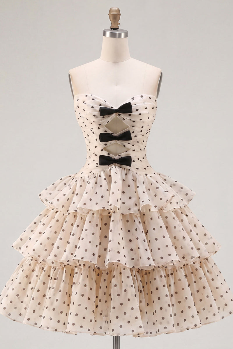 Laden Sie das Bild in den Galerie-Viewer, Aprikosenschwarzes A-Linien-Sweetheart Chiffon gestuftes Homecoming-Kleid mit Schleife