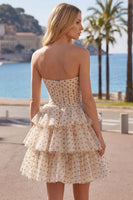 Laden Sie das Bild in den Galerie-Viewer, Aprikosenschwarzes A-Linien-Sweetheart Chiffon gestuftes Homecoming-Kleid mit Schleife