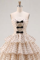 Laden Sie das Bild in den Galerie-Viewer, Aprikosenschwarzes A-Linien-Sweetheart Chiffon gestuftes Homecoming-Kleid mit Schleife
